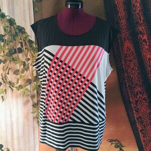 EUC: Calvin Klein Sz 2X Red White & Black Abstract Geometric Striped Sleeveless